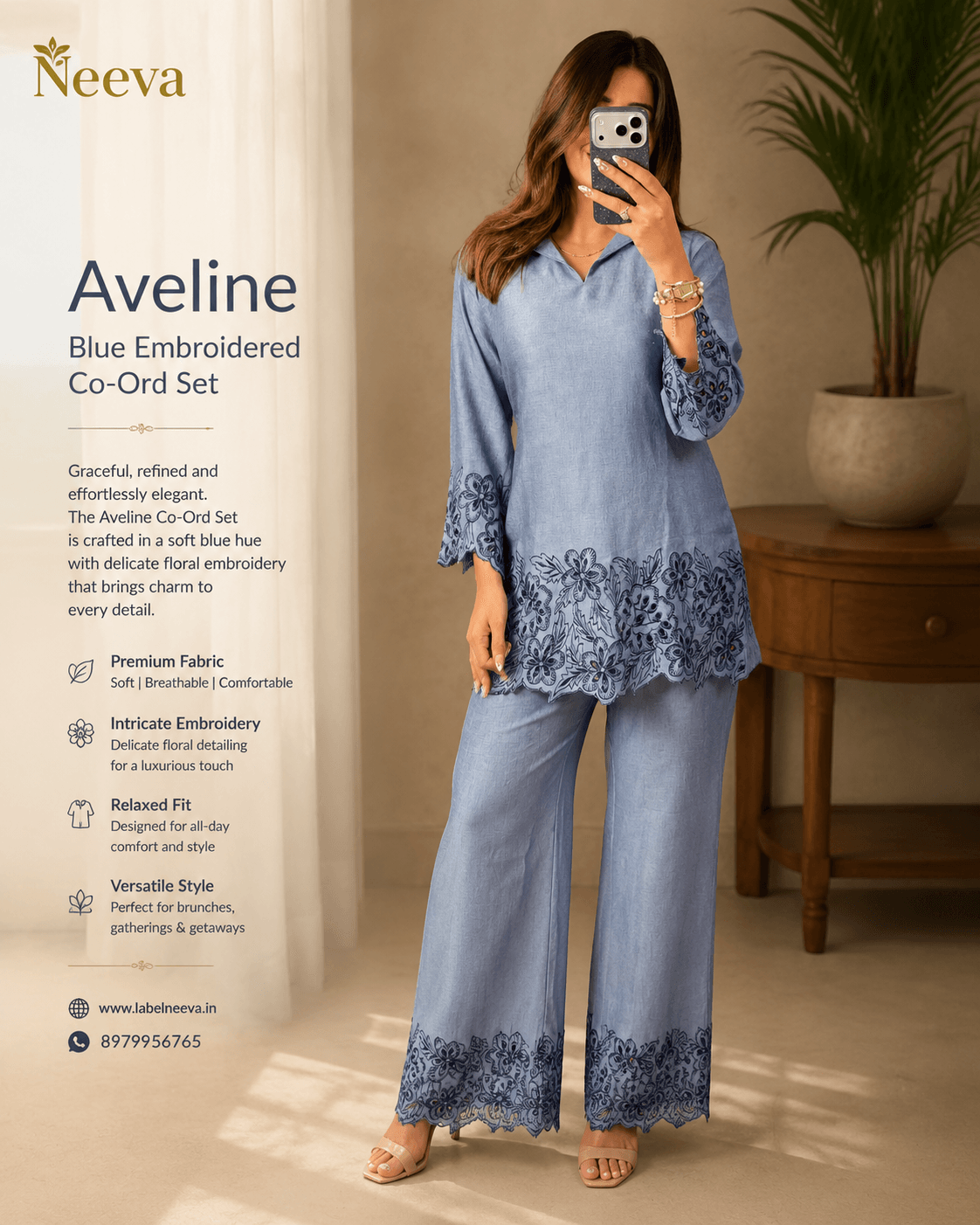 Aveline Blue Embroidered Co-Ord Set image 3