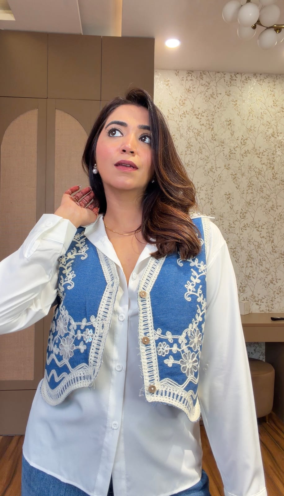 Azure Lace Embroidered Vest Shirt