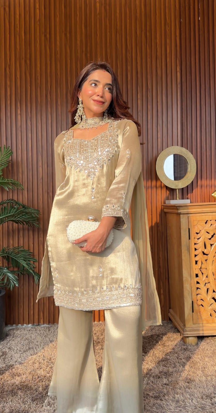 Champagne Aura Embellished Shimmer Silk Set